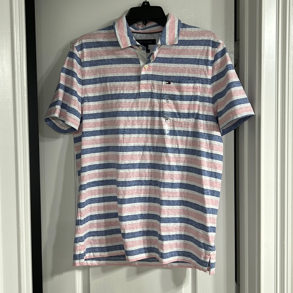 Men’s size medium, Tommy, Hilfiger, pink, and blue striped shirt